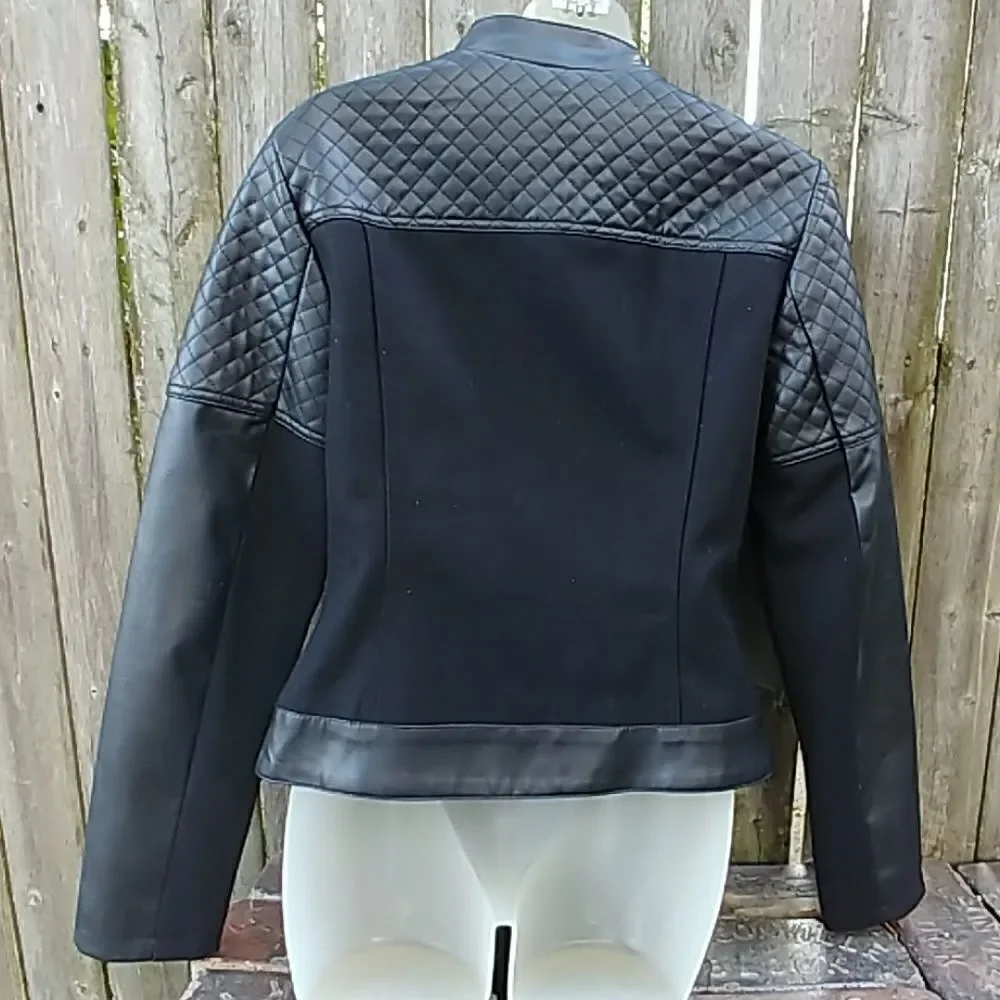 Black Wool & Vinyl Quilted Cafe Motorcycle Jacket - Picture 2 of 4